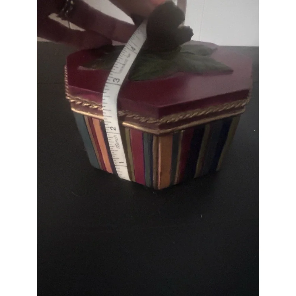 Decorative Hand Painted Butterfly Trinket Box Red Multicolor Striped Gold Trim